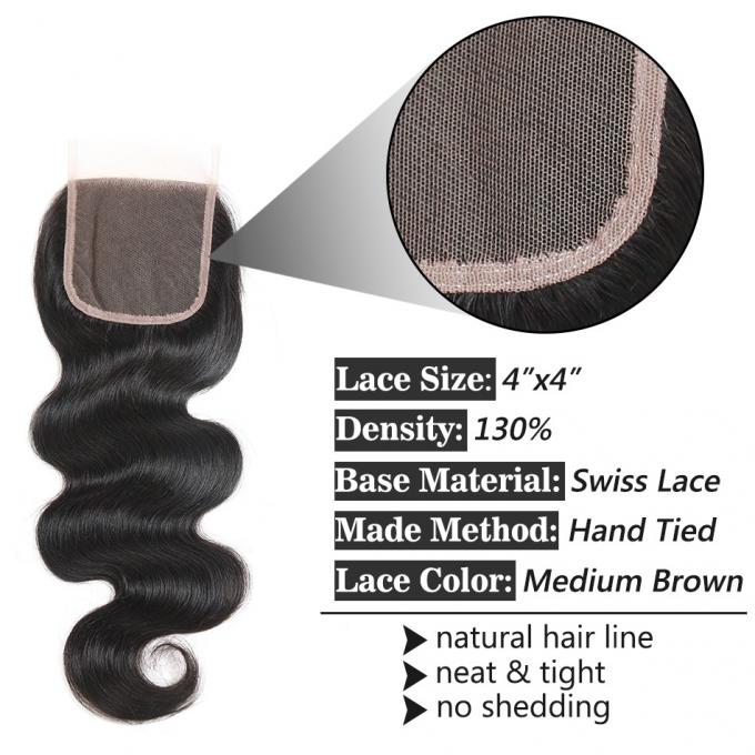 Закрытие 8" шнурка бразильской объемной волны швейцарское до 20" естественный черный материал волос девственницы цвета